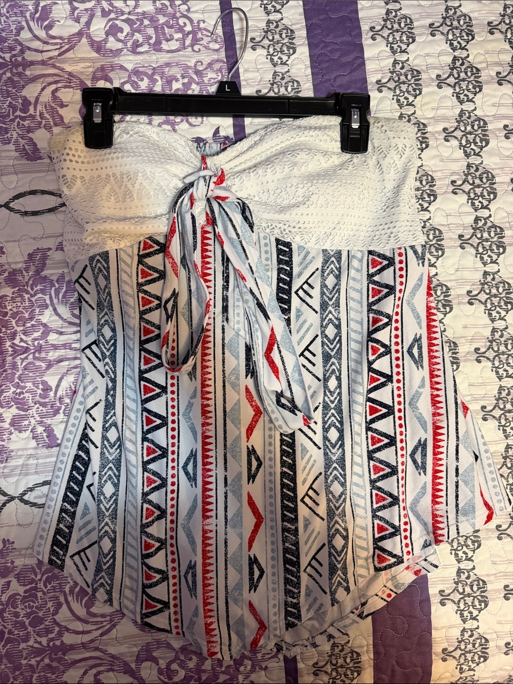 No Boundaries Strapless One-Piece Swimdress in White with Red & Navy Aztec Print
